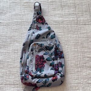 Vera Bradley Floral Sling Backpack, Light Blue Background, Pink & Teal Blooms